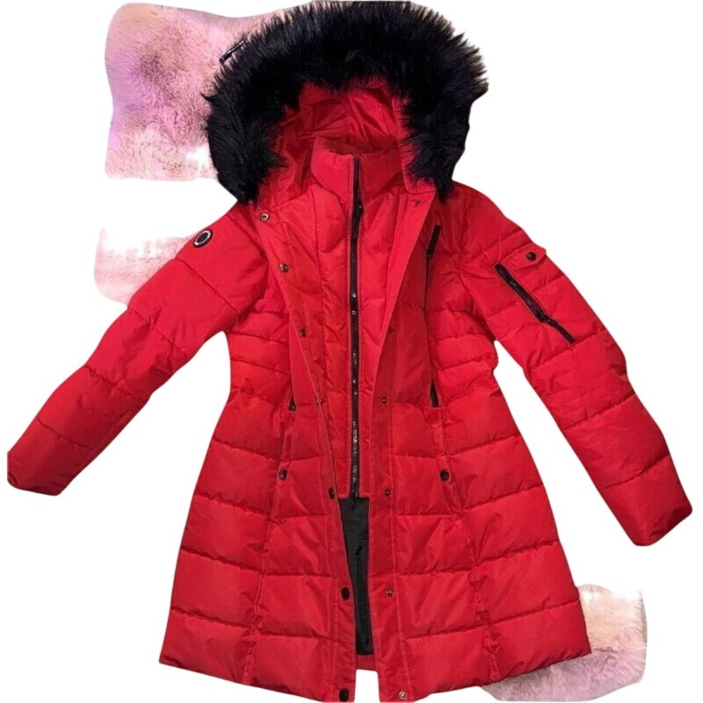 Nautica Womens Red Quilted Puffer Coat Faux Fur Hood Water Resistant Size Medium